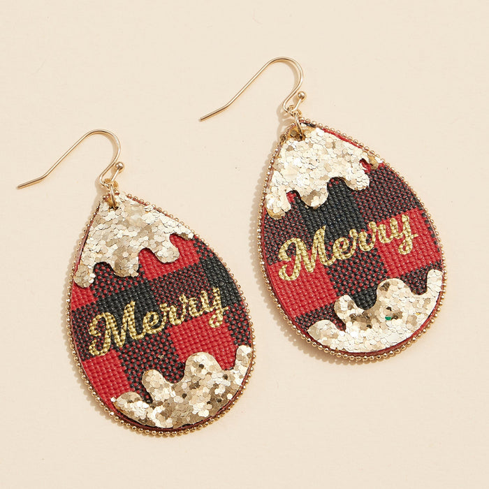 Merry Plaid Teardrop Earrings with Gold Sequin Accents