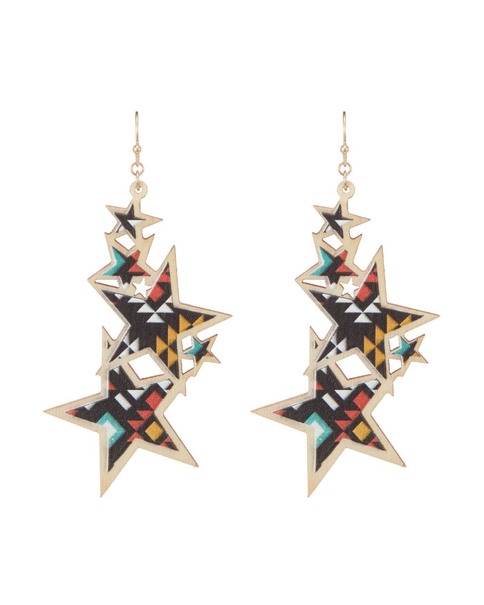 Wooden Aztec Patterned Star Earrings