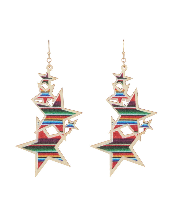 Wooden Aztec Patterned Star Earrings