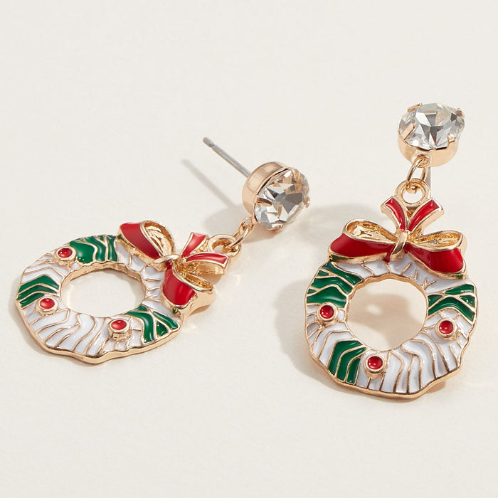 Christmas Bow Wreath Enamel Drop Earrings