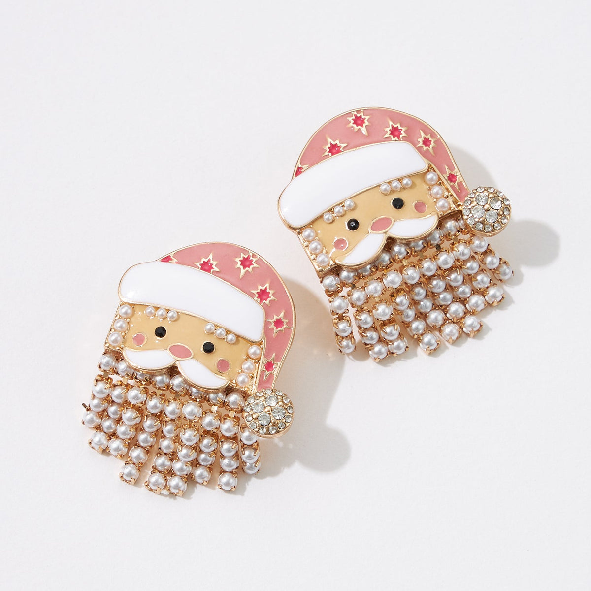 Christmas Santa Pearl Fringe Enamel Earrings