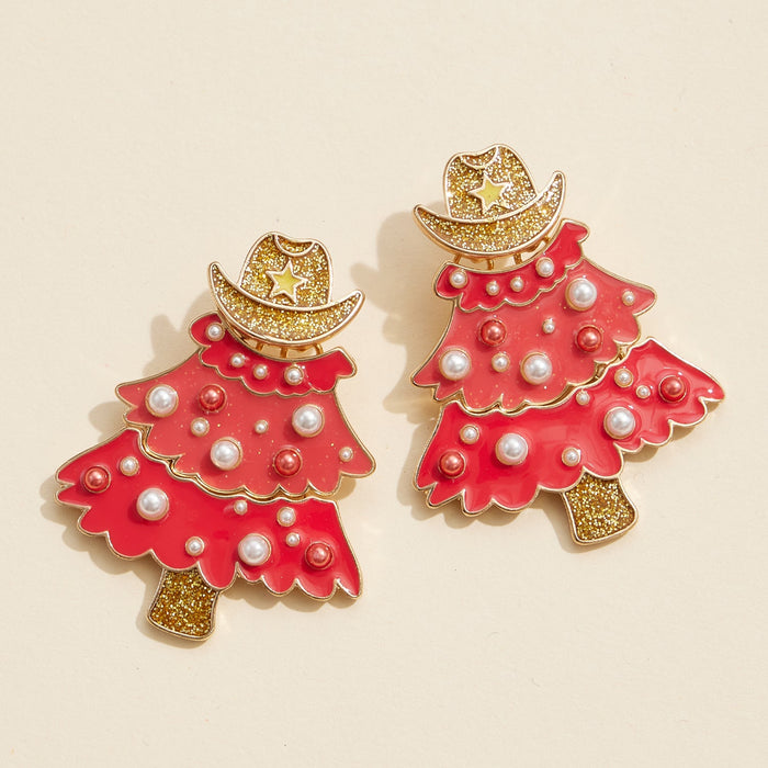 Enamel Christmas Tree Earrings with Cowboy Hat