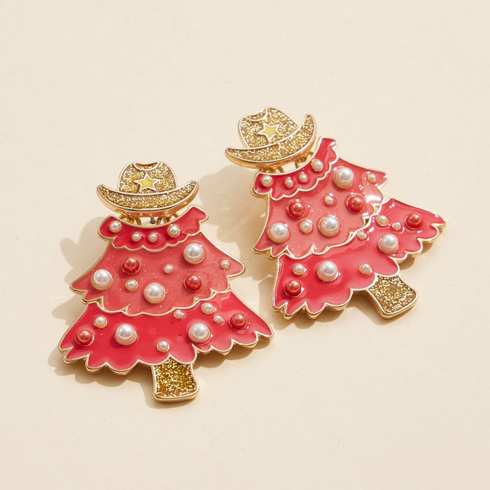 Enamel Christmas Tree Earrings with Cowboy Hat