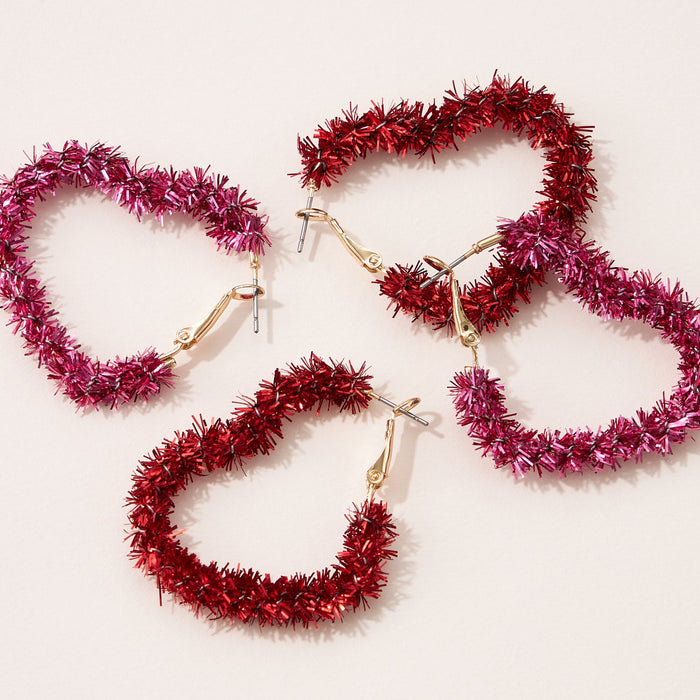 Beautiful Tinsel Heart Hoop Earrings