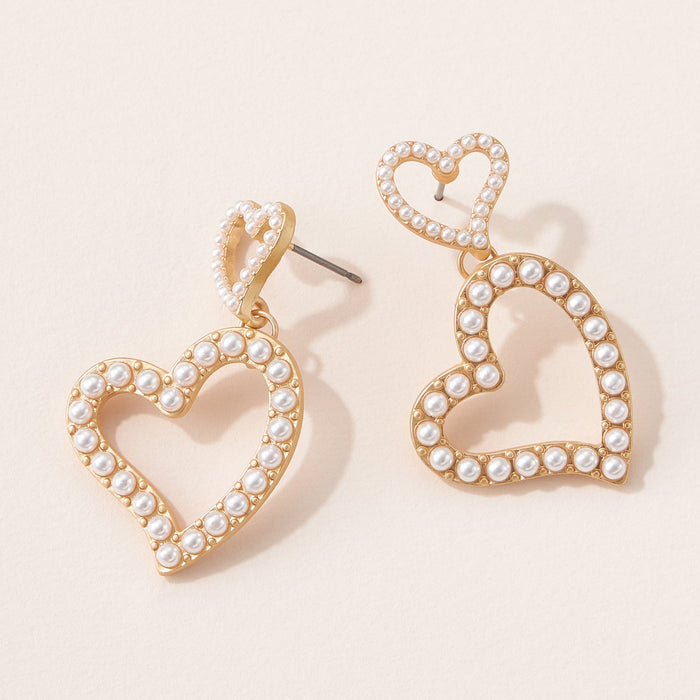 Double Heart Pearl Post Earrings