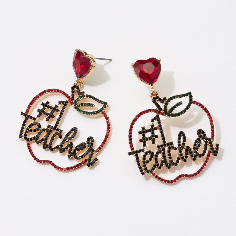 #1 Teacher Pave with Heart Post Earrings