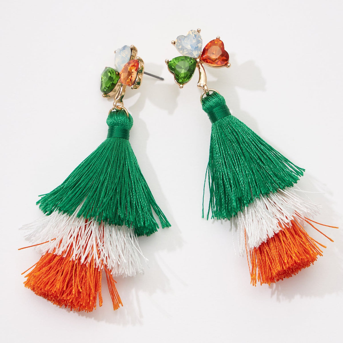 Three Leaf Clover with Tassel Post Earrings for Saint Patrick's Day