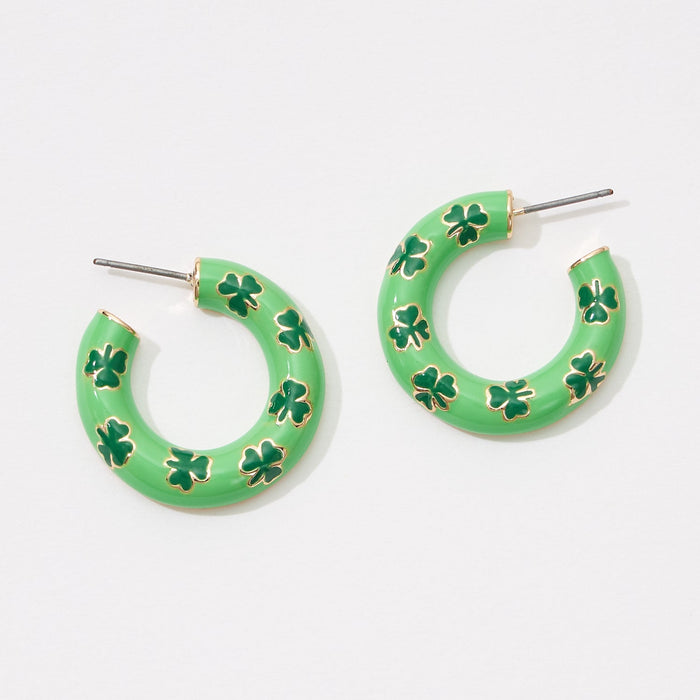 Lucky 3 Leaf Clover Enamel Hoop Earrings for Saint Patrick Day