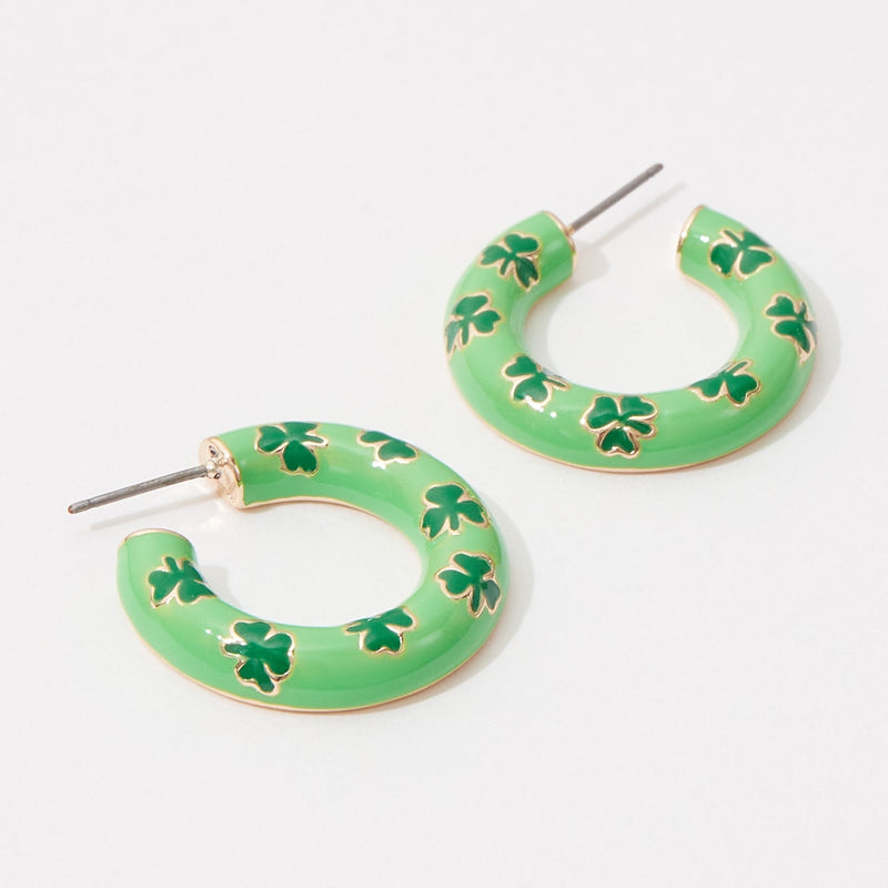 Lucky 3 Leaf Clover Enamel Hoop Earrings for Saint Patrick Day