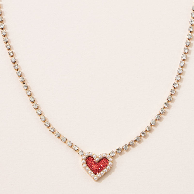 Heart Pendant Necklace with Clear Stone Line for Valentine's Day