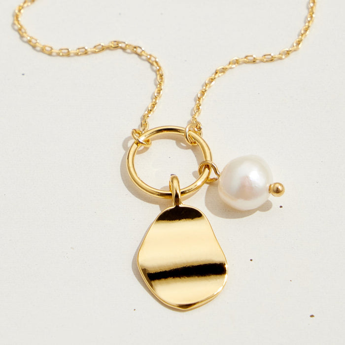 Gold Dipped Organic Oval Charm and Pearl Necklace