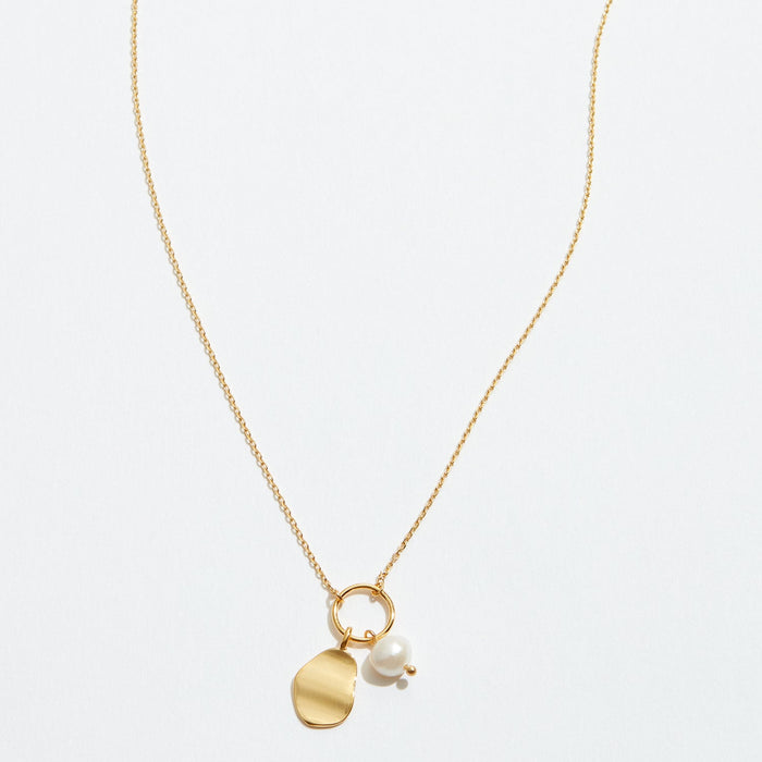 Gold Dipped Organic Oval Charm and Pearl Necklace