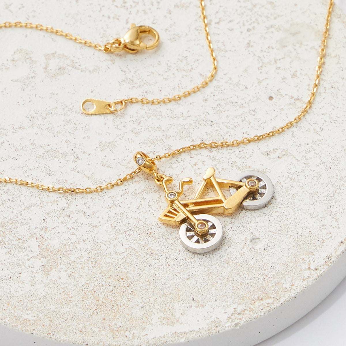 Gold Dipped Two Tone Bicycle Pendant Necklace