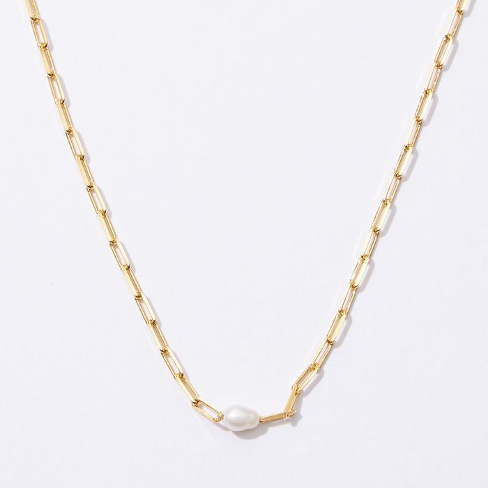 Gold Dipped Paper Clip Pearl Necklace