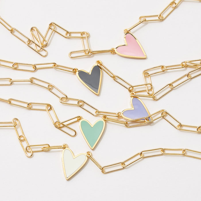 Heart Enamel Pendant Gold Dipped Paper Clip Chain Necklace