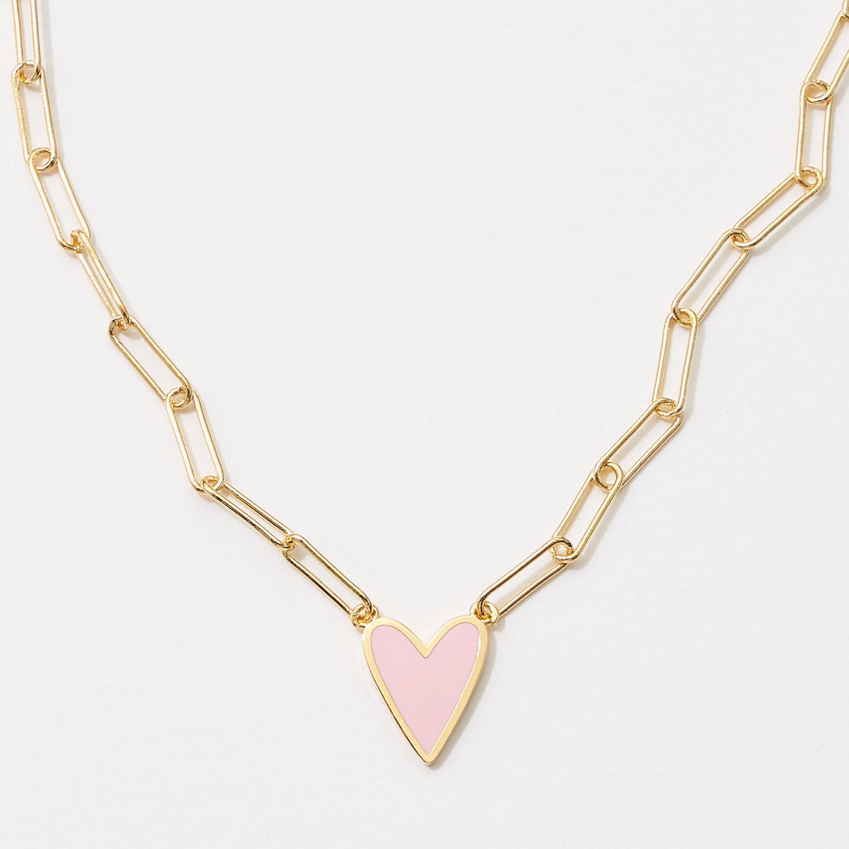 Heart Enamel Pendant Gold Dipped Paper Clip Chain Necklace