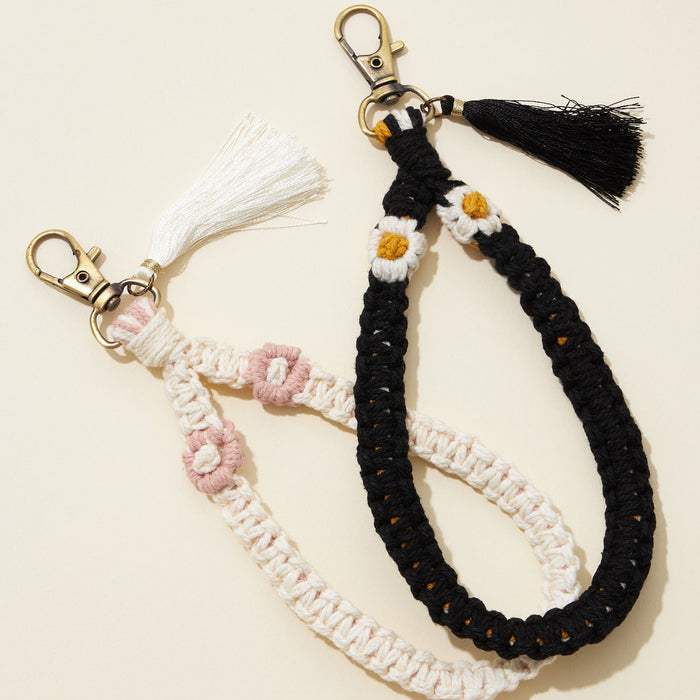 Macrame Flowers Wristlet Tassel Keychain