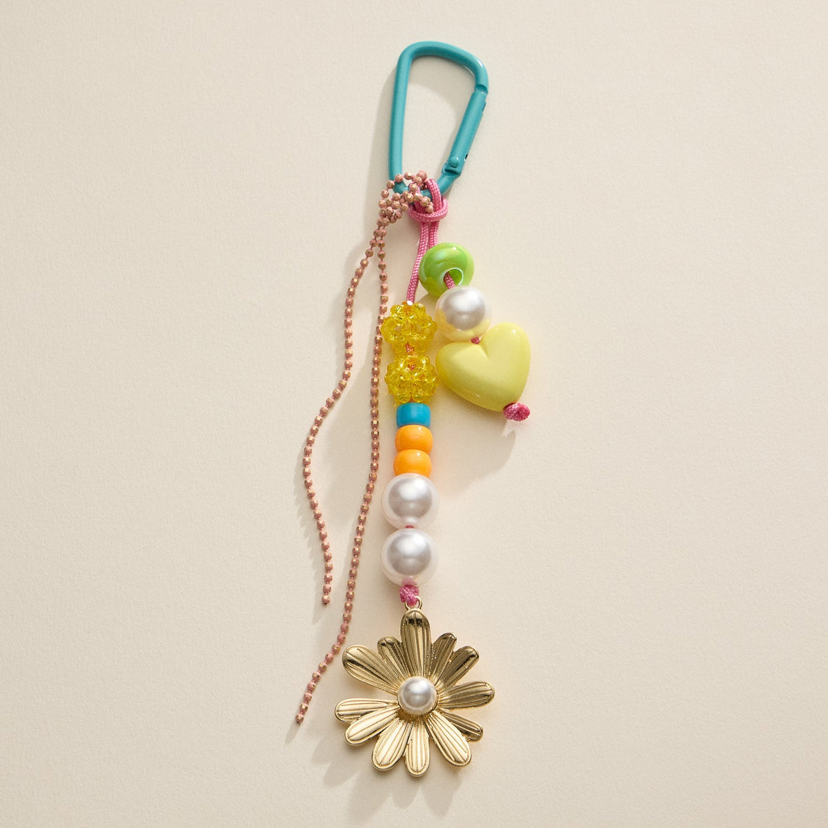 Floral Beaded Bag Charm with Gold Daisy and Heart Accent Trendy Accessory