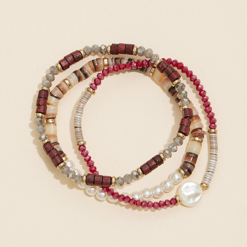 Glass Pearls Wood Beaded Layered Bracelet Set