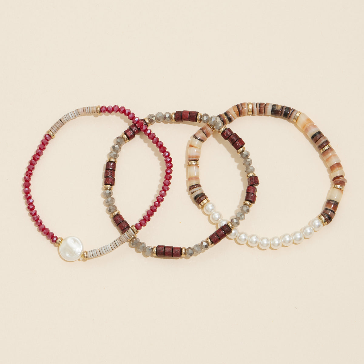 Glass Pearls Wood Beaded Layered Bracelet Set