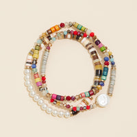 Glass Pearls Wood Beaded Layered Bracelet Set