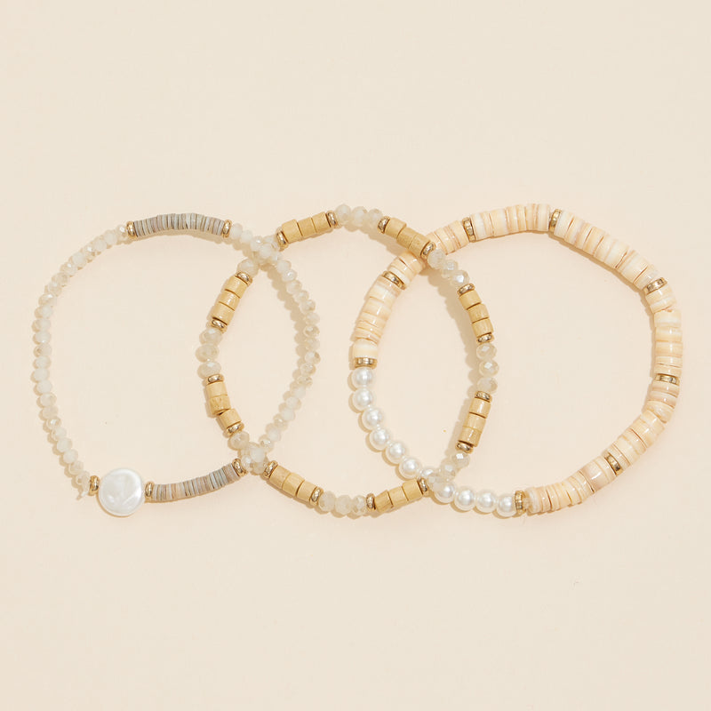 Glass Pearls Wood Beaded Layered Bracelet Set