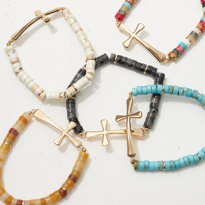 Pipe Stone Beaded Metal Cross Bracelet