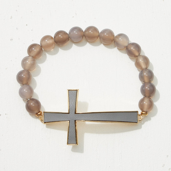 Leather Cross Pendant Natural Stone Bracelet