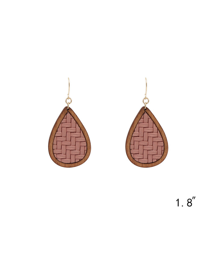 Textured Leather & Wood Teardrop Earrings