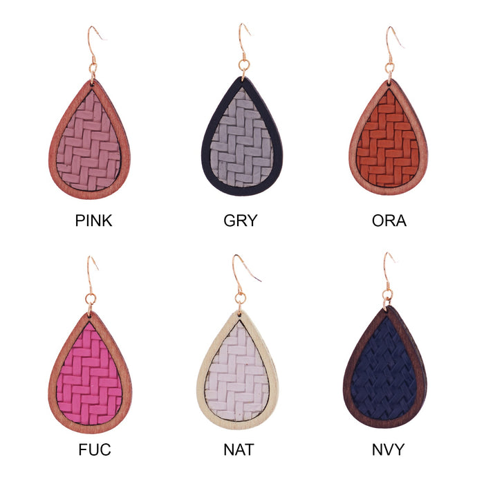 Textured Leather & Wood Teardrop Earrings