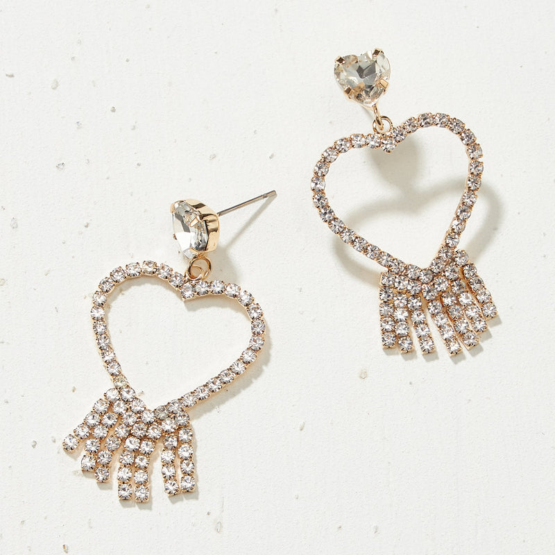 Heart Fringe Rhinestone Earrings