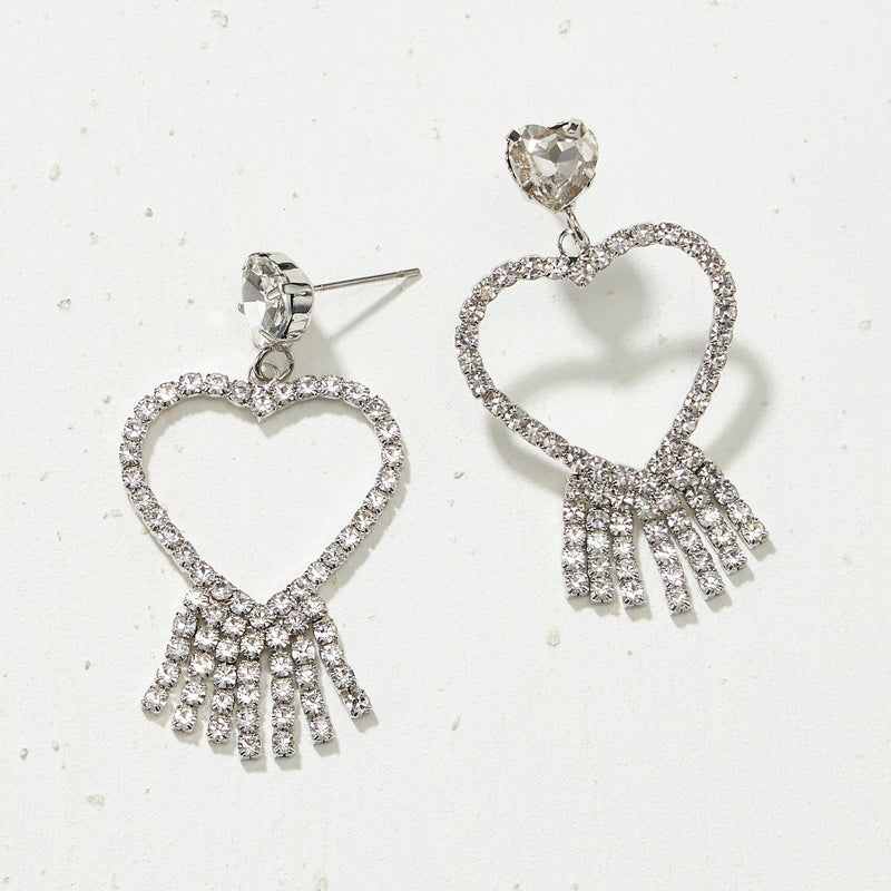 Heart Fringe Rhinestone Earrings