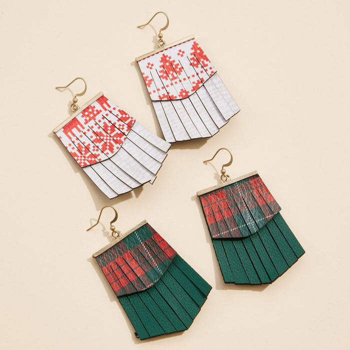 Layered Fringe Earrings with Nordic and Plaid Patterns