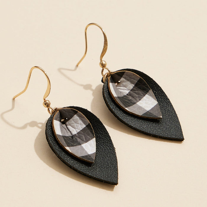 Layered Teardrop Leather Earrings with Plaid Accent