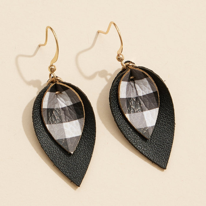 Layered Teardrop Leather Earrings with Plaid Accent