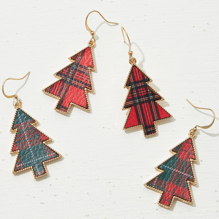 Plaid Christmas Tree Drop Earrings