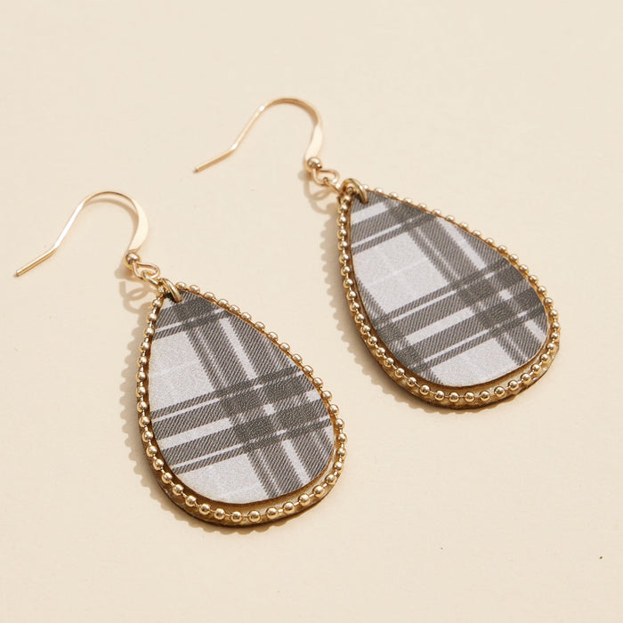 Teardrop Plaid Earrings with Gold Beaded Frame