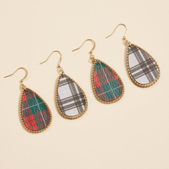 Teardrop Plaid Earrings with Gold Beaded Frame