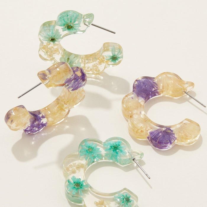 Pressed Flower Floral Hoop Earrings