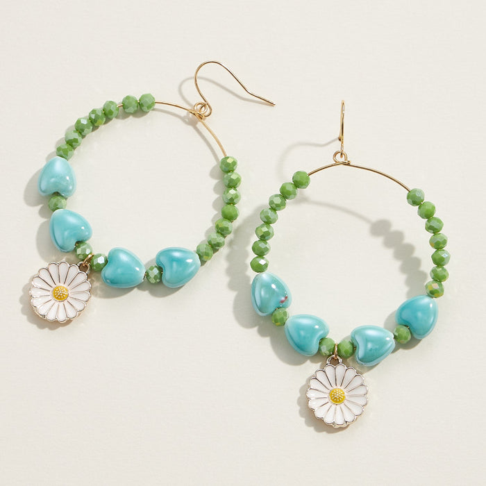 Ceramics Heart Beaded Daisy Charm Earrings