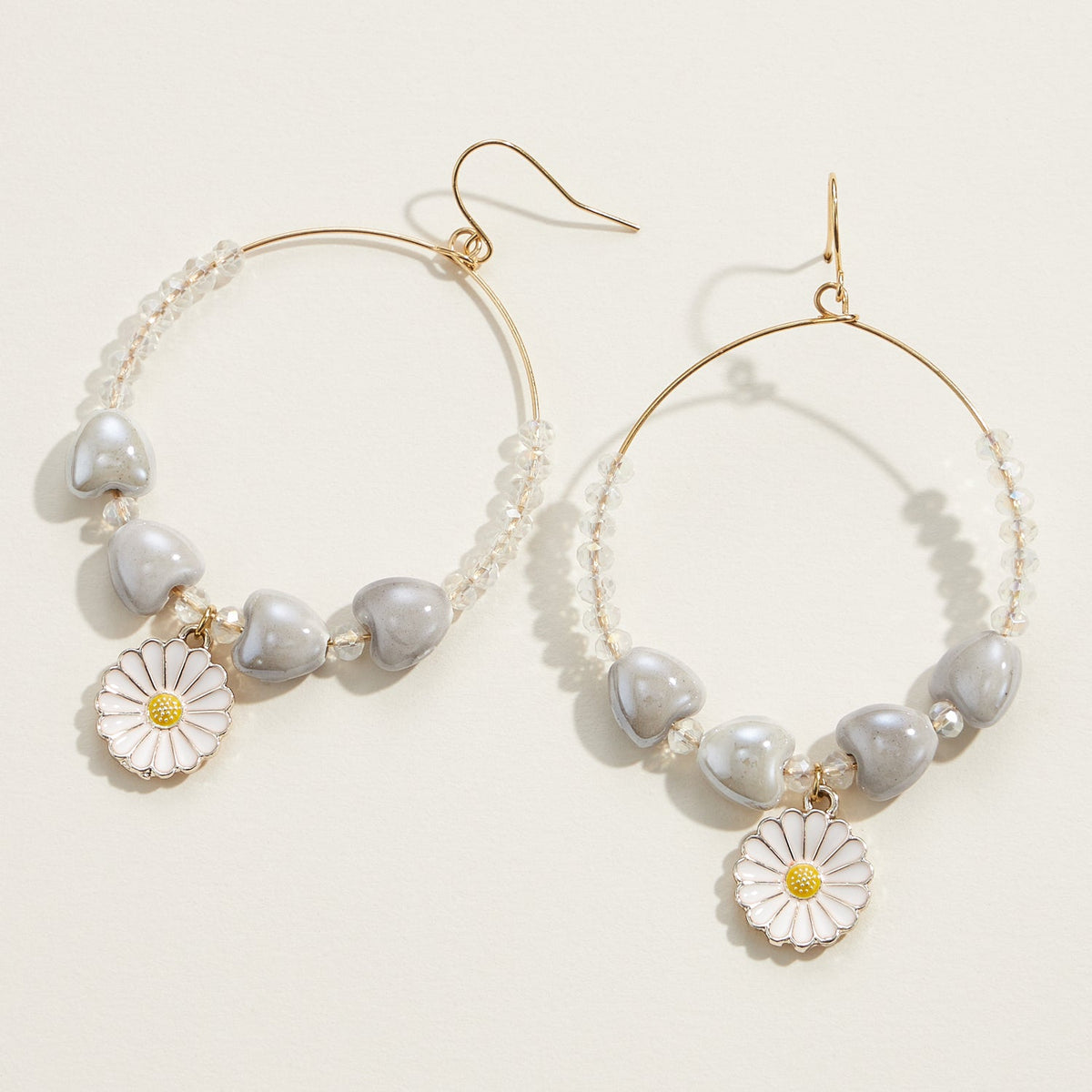 Ceramics Heart Beaded Daisy Charm Earrings