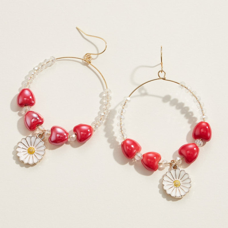 Ceramics Heart Beaded Daisy Charm Earrings