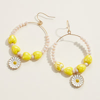 Ceramics Heart Beaded Daisy Charm Earrings