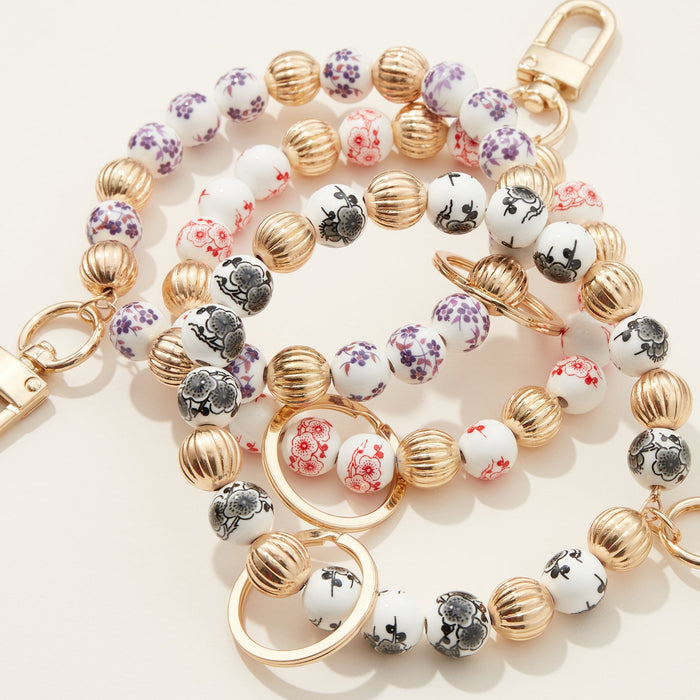 Floral Ceramic Balls Beaded Bracelet Keychain