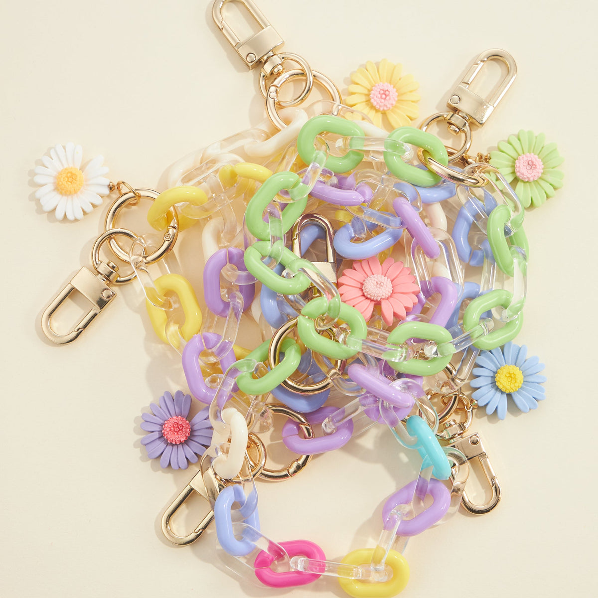 Flower Charm Two Tone Link Chain Keychain