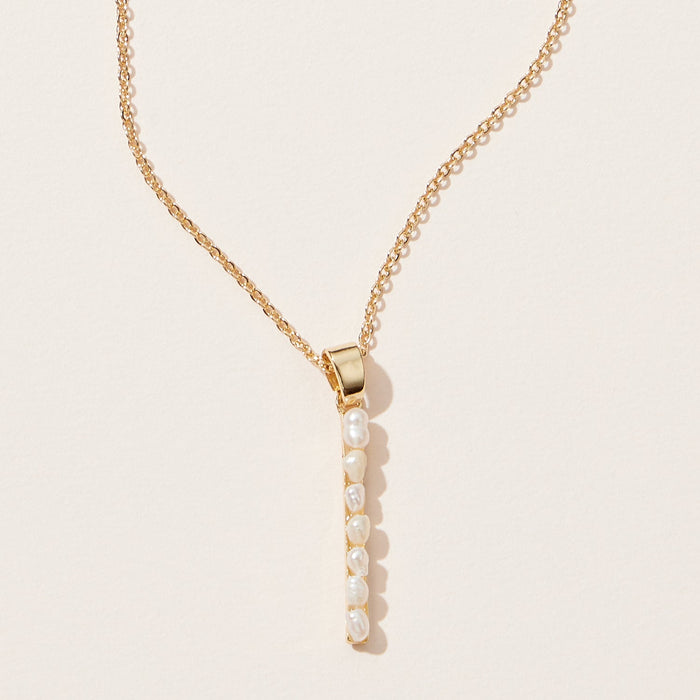 Freshwater Pearl Paved Bar Pendant Necklace