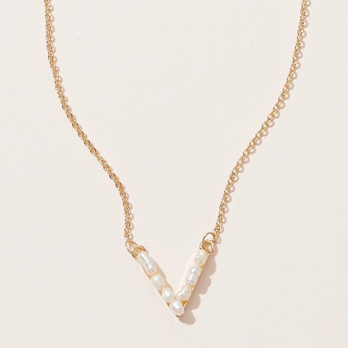 Freshwater Pearl Paved V shape Pendant Necklace