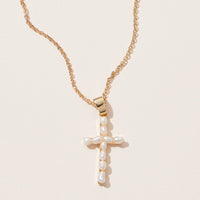 Freshwater Pearl Paved Cross Pendant Necklace