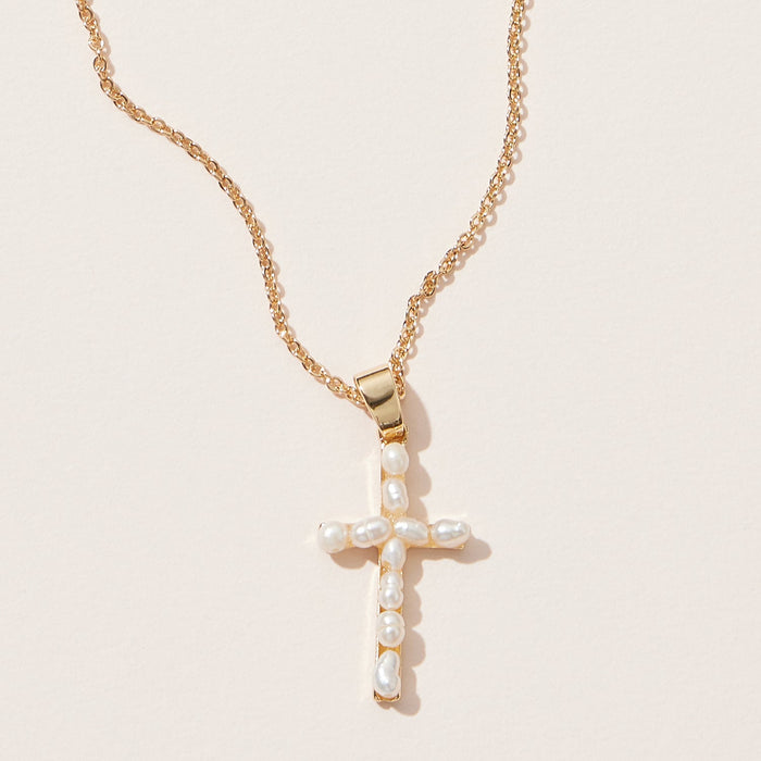 Freshwater Pearl Paved Cross Pendant Necklace