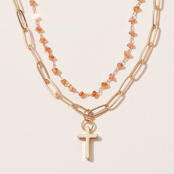 Cross Pendant Short Layered Necklace with Paperclip Chain